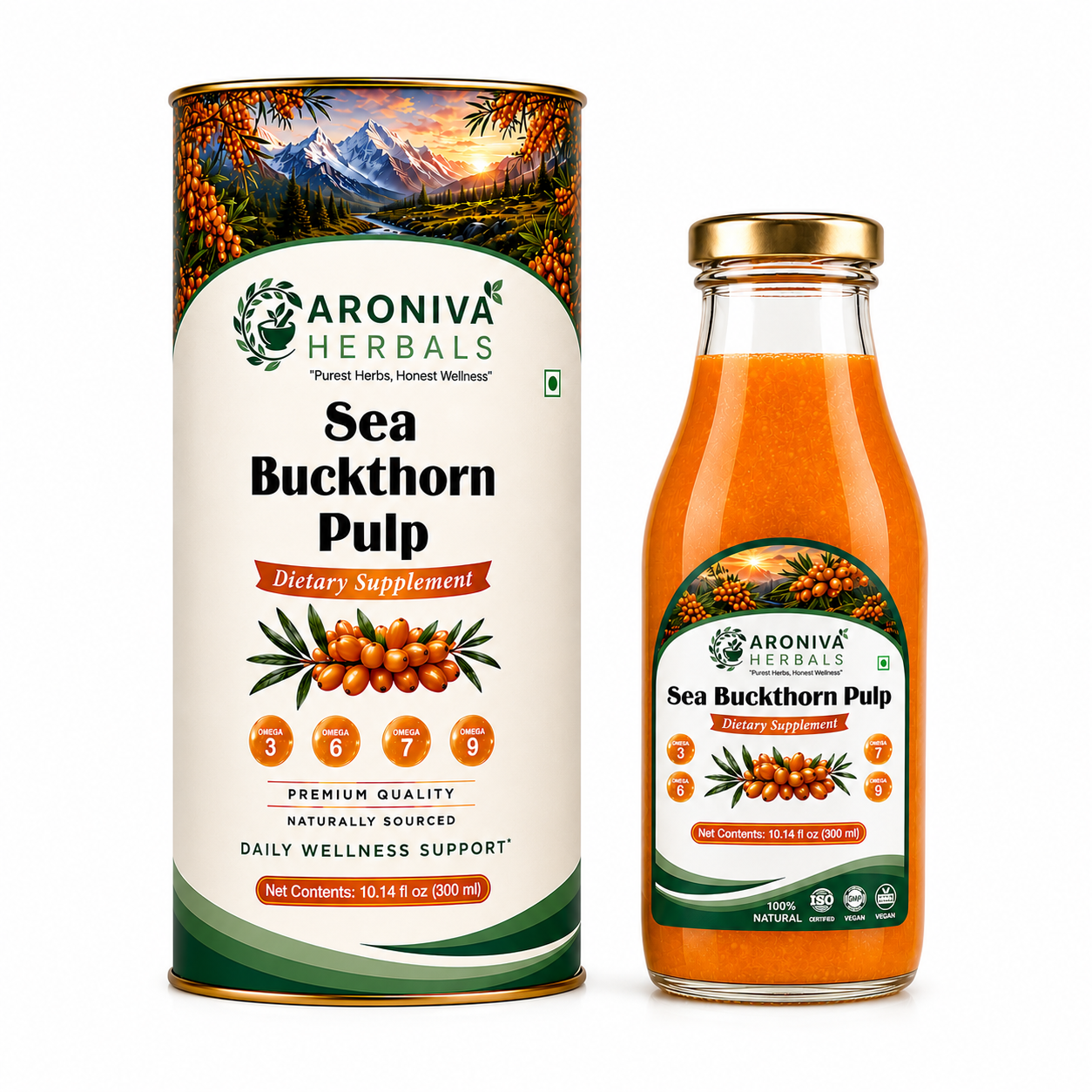 Buy Aroniva Herbals Pure Himalayan Sea Buckthorn Berry Pulp Juice (300ml Glass Bottle) online - Pure Ayurvedic Quality