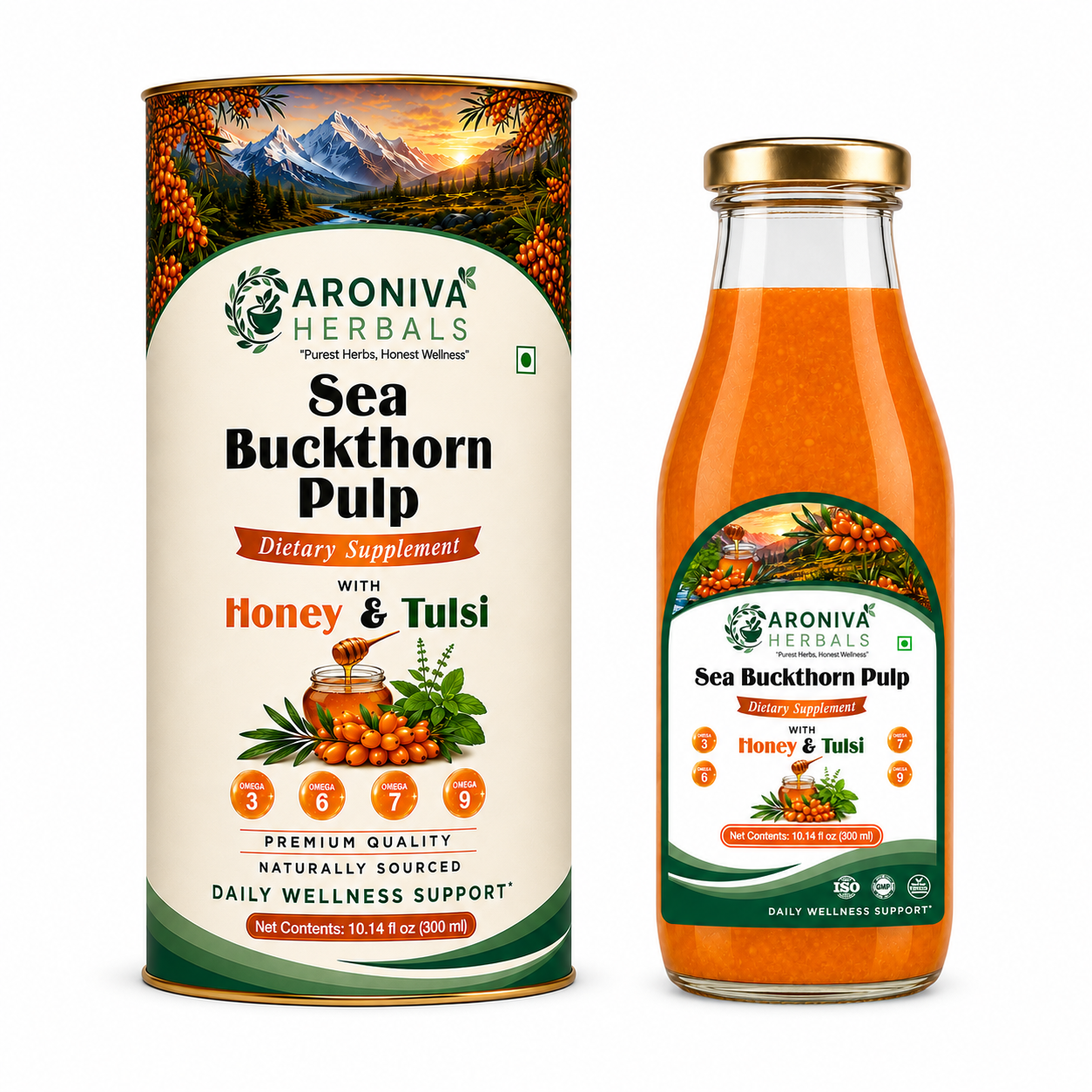 Buy Aroniva Herbals Himalayan Sea Buckthorn Berry Juice with Raw Honey & Tulsi (300ml Glass Bottle) online - Pure Ayurvedic Quality