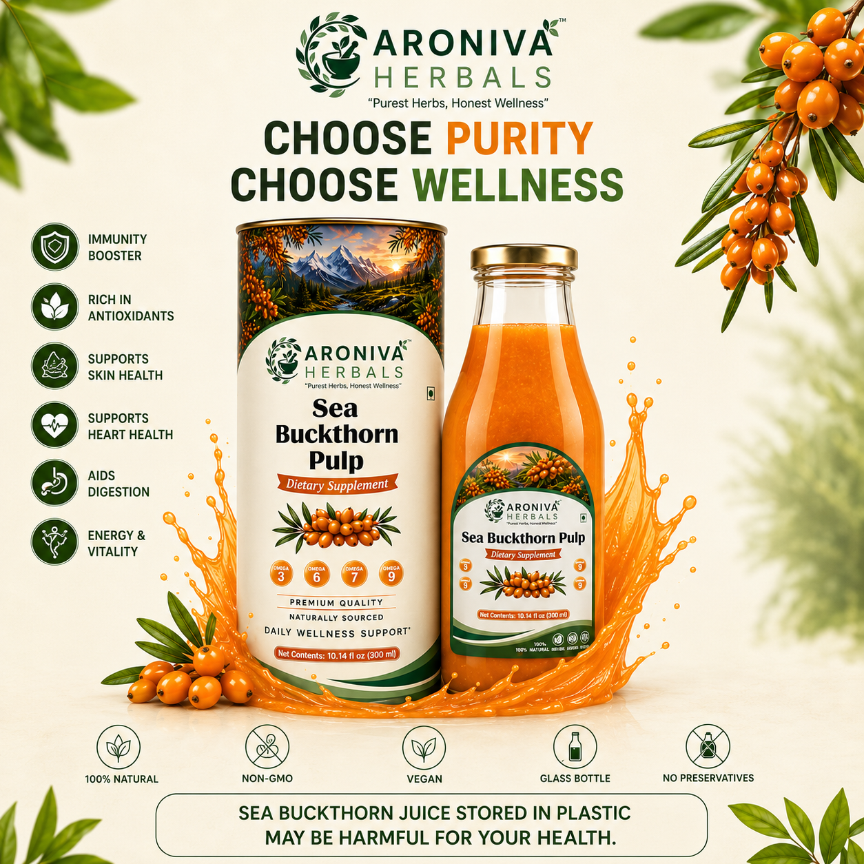 Aroniva Herbals Pure Himalayan Sea Buckthorn Berry Pulp Juice (300ml Glass Bottle) thumbnail 2