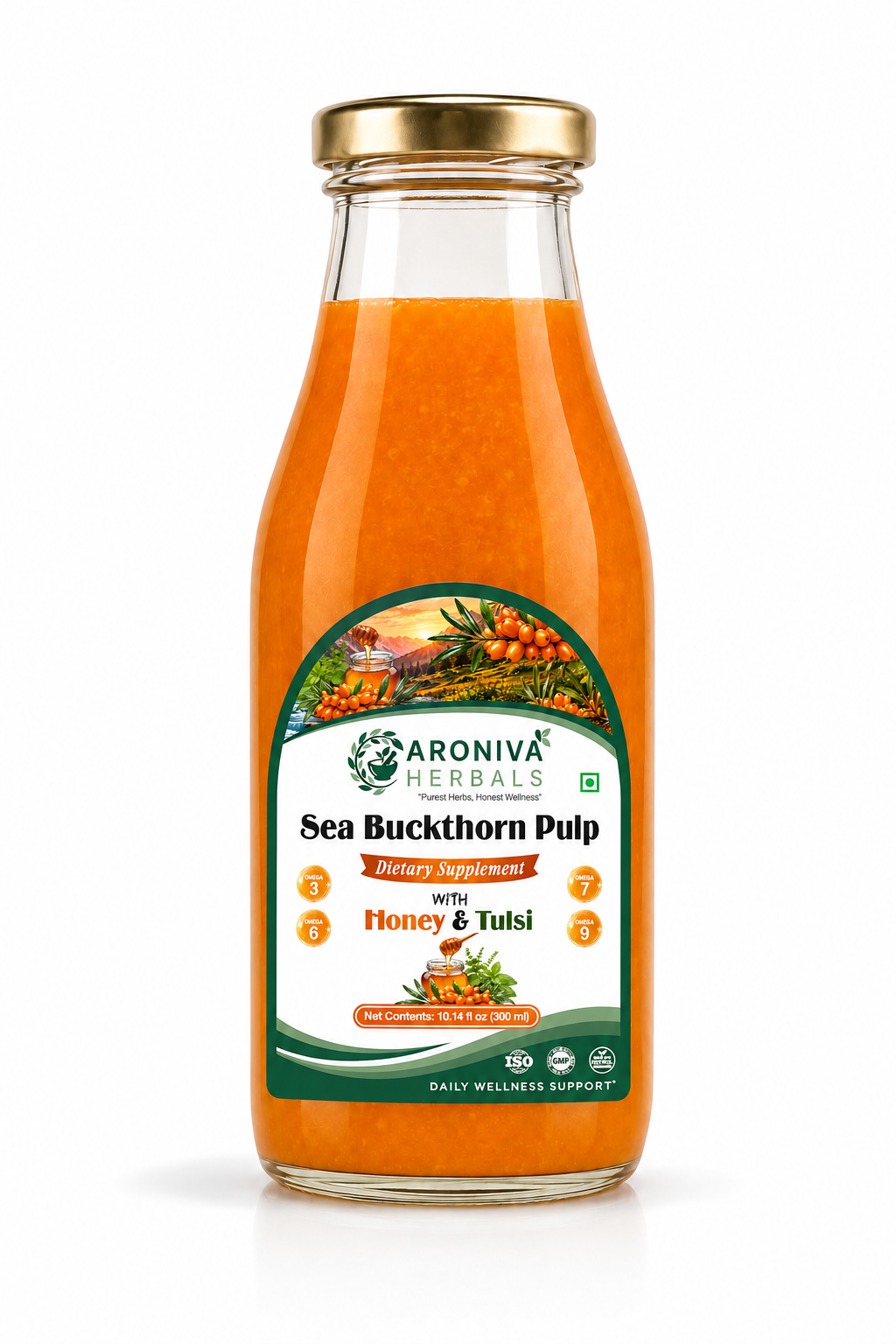 Aroniva Herbals Himalayan Sea Buckthorn Berry Juice with Raw Honey & Tulsi (300ml Glass Bottle) thumbnail 2