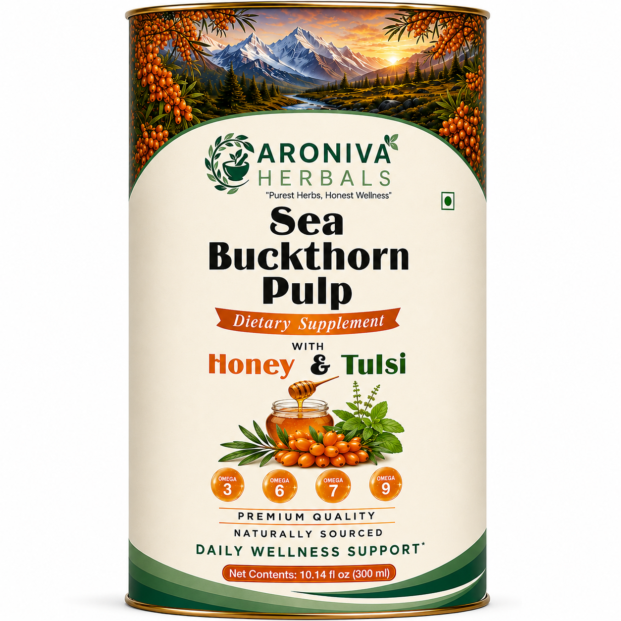 Aroniva Herbals Himalayan Sea Buckthorn Berry Juice with Raw Honey & Tulsi (300ml Glass Bottle) thumbnail 3