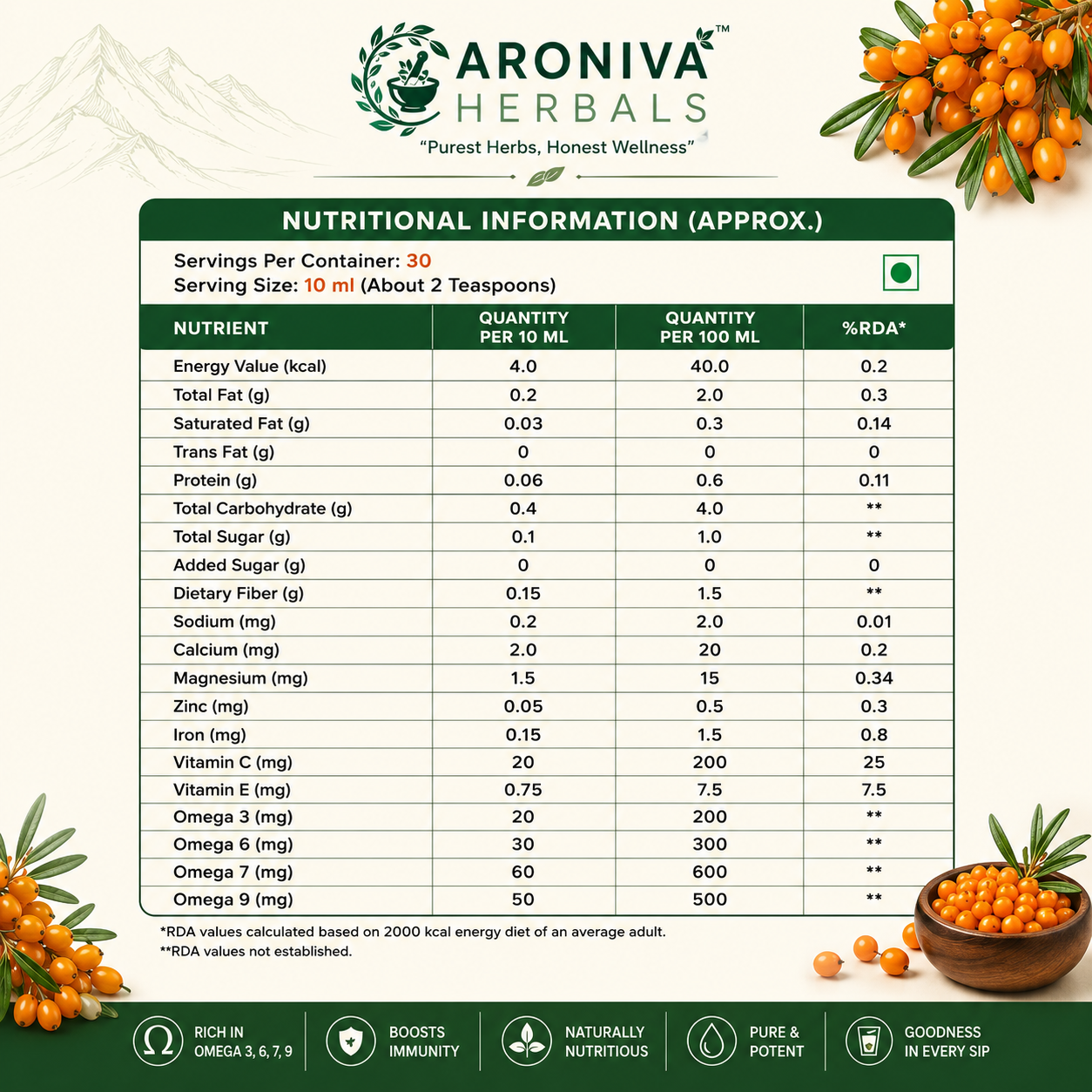 Aroniva Herbals Pure Himalayan Sea Buckthorn Berry Pulp Juice (300ml Glass Bottle) thumbnail 4
