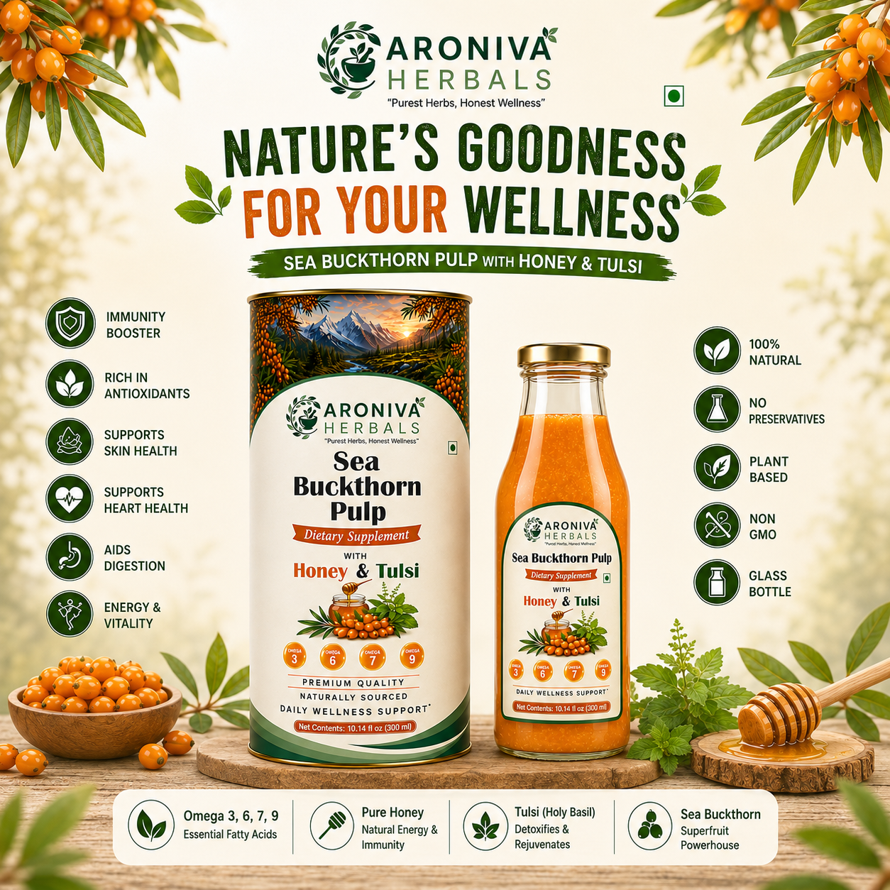 Aroniva Herbals Himalayan Sea Buckthorn Berry Juice with Raw Honey & Tulsi (300ml Glass Bottle) thumbnail 4