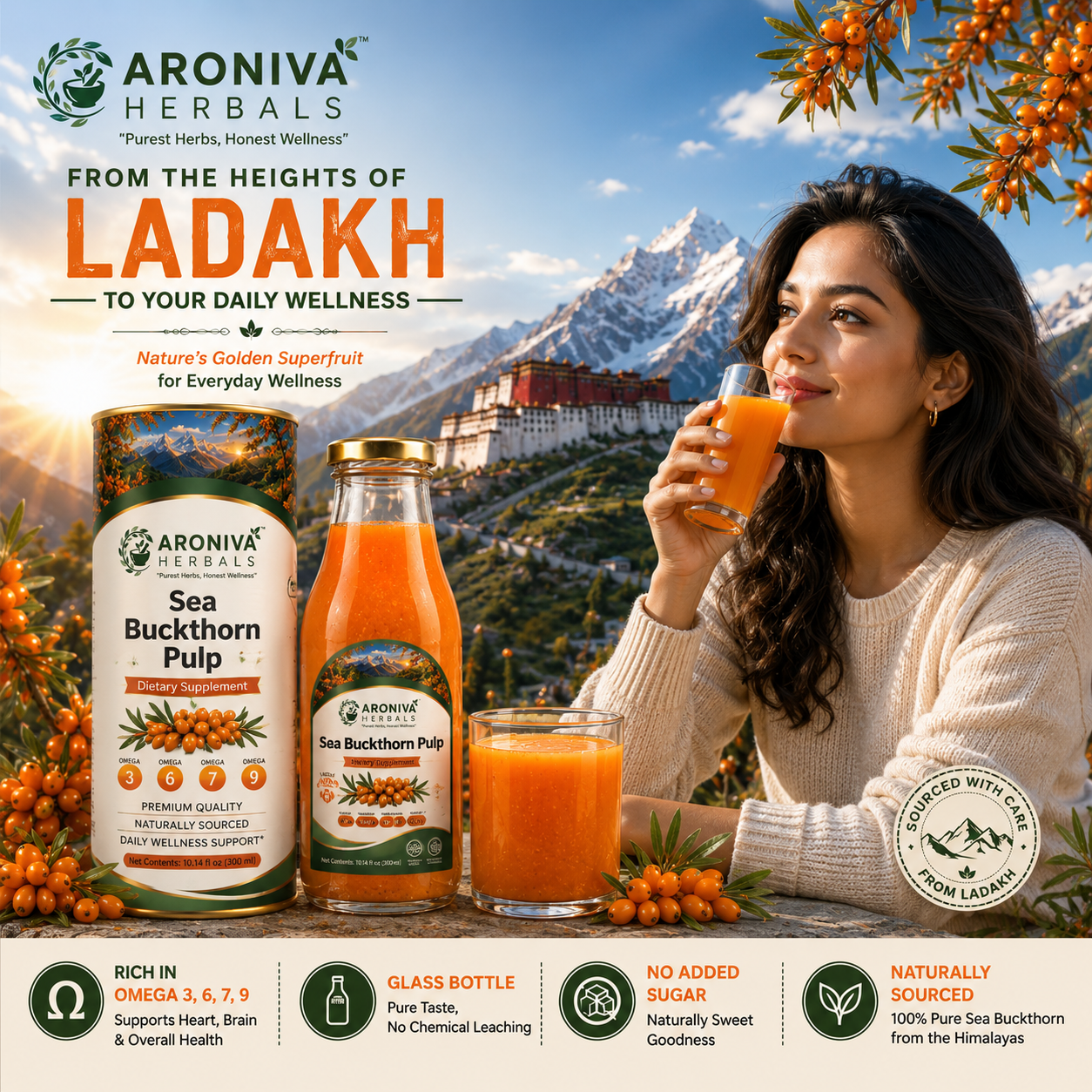 Aroniva Herbals Pure Himalayan Sea Buckthorn Berry Pulp Juice (300ml Glass Bottle) thumbnail 5
