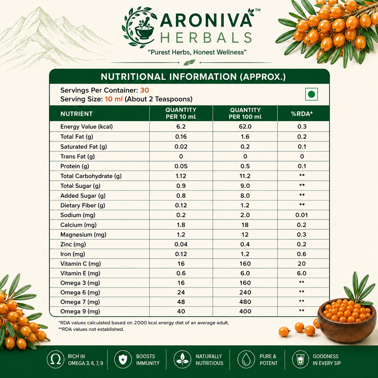 Aroniva Herbals Himalayan Sea Buckthorn Berry Juice with Raw Honey & Tulsi (300ml Glass Bottle) thumbnail 5