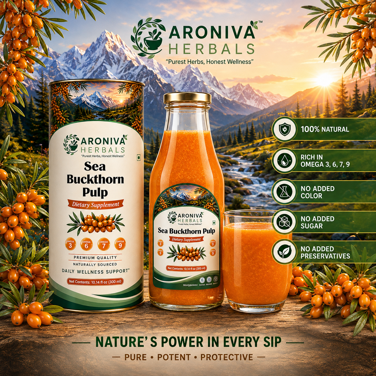 Aroniva Herbals Pure Himalayan Sea Buckthorn Berry Pulp Juice (300ml Glass Bottle) thumbnail 6